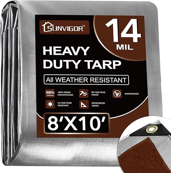 Sunvigor Tarp Waterproof 8x10Ft, Heavy Duty Tarp Cover Extra Thick 14 Mil Tear and UV Resistant, Outdoor Tarps with Grommets and Reinforced Edges for Roof, Camping, Patio, Pool, Boat (Silver/Brown)