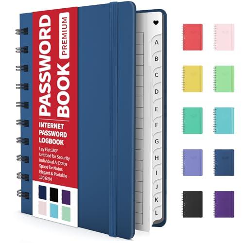 Forvencer Password Book with Individual Alphabetical Tabs, 4" x 5.5" Small Password Notebook, Spiral Password Keeper, Internet Address Password Manager, Password Logbook for Home Office, Navy Blue