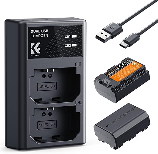 K&F CONCEPT NP-FZ100 2280mAH Battery and Dual Slot Charger Set for Sony A7iii, A7iv, A7C, A6700, A6600, ZV-E1, ZV-E10ii, FX3, FX30, A9, Alpha 9, Alpha 9S, A9S, A7R3, A7R4 Camera Batteries