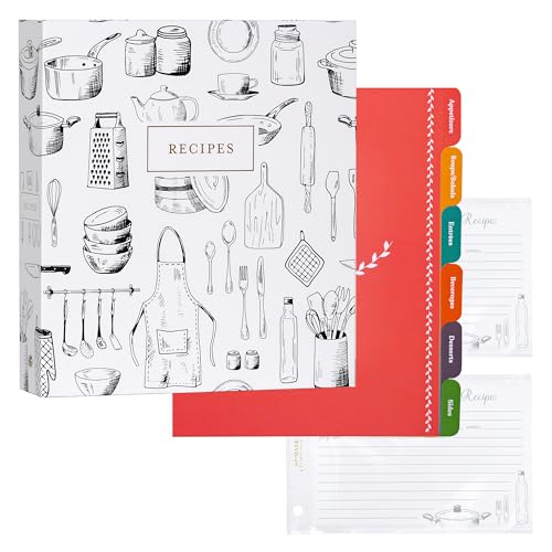 Jot & Mark 8.5" x 9.5" 3 Ring Recipe Binder 50 Matching 4x6 inch Recipe Cards, 25 Top & Bottom Binder Sleeve Sheet Protector, 5 Full-Page Undivided Sleeves, 6 Divider Tabs, Culinary Crockery
