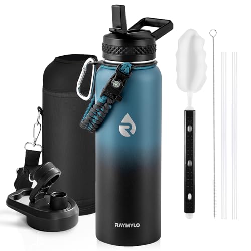 RAYMYLO Insulated Water Bottle 40 oz, Triple Wall Vacuum Stainless Steel (Cold for 36Hrs, Hot for 18Hrs), Leak Proof & Non-BPA, Modern Water Flask Jug with Paracord Handle & Straw Spout Lids