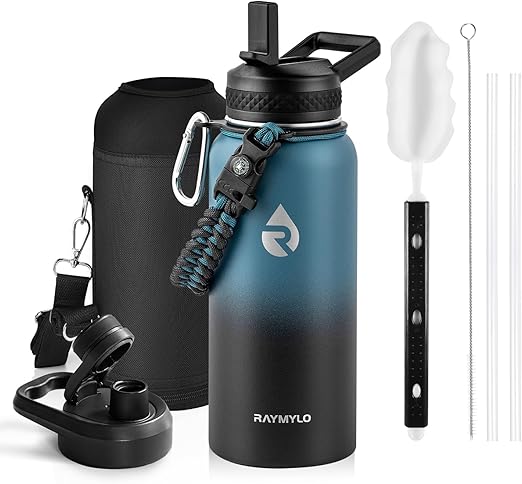 RAYMYLO Insulated Water Bottle 32 oz, Triple Wall Vacuum Stainless Steel (Cold for 48 Hrs, Hot for 24Hrs), Leak Proof & Non-BPA, 32oz Hydro Water Flask with Paracord Handle & Straw Spout Lids