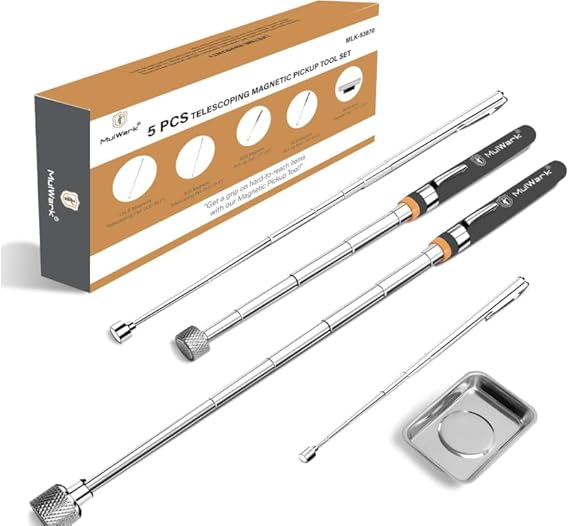 Mulwark 5pcs Telescoping Magnetic Pickup Tool with Strong Pull Force 15LB, 10LB, 3LB, 1.5LB Extendable Magnet Pick-Up Tool with Rust-Proof Magnetic Tray for Mechanics, Automotive, DIY