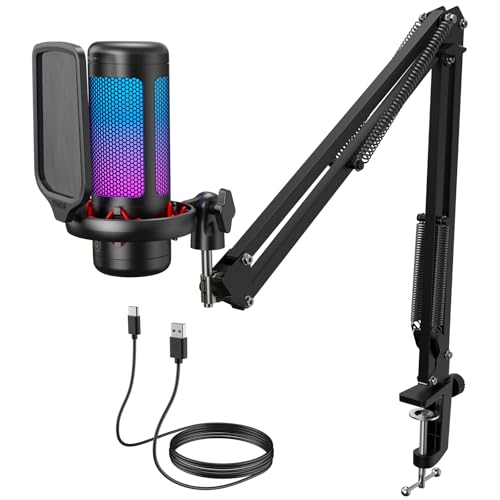 TONOR Gaming Microphone Set with Boom Arm, Vocal Condenser Microphone for Content Creators, USB Mic for PC with Stand, RGB, Tap Mute, Gain Control, Gaming Equipemnt, Twitch, Streaming, TC310+
