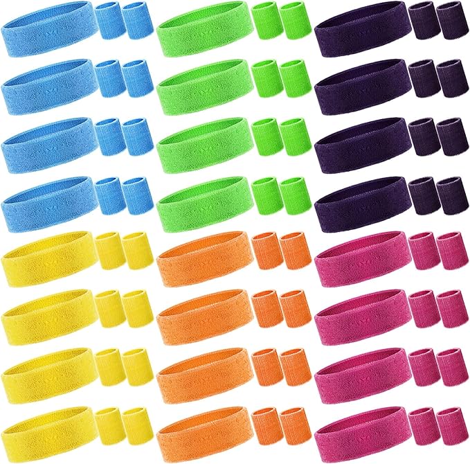 72 Pcs 80s Neon Headbands Sweatband Set, Include 24 Sports Headbands and 48 Sweat Wristbands Bulk for Woman Man