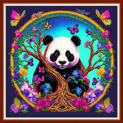 Dimensean Stamped Cross Stitch Kits Full Range of Embroidery Patterns Starter Kits for Beginners Adult DIY Cross Stitches Needlepoint Kits 11CT-Panda Flower 17.7x17.7 inch