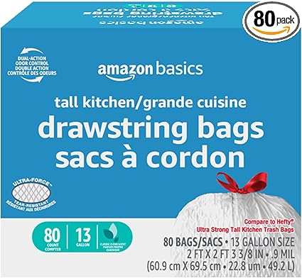 Amazon Basics Ultra-Force Tall Kitchen Drawstring Trash Bags, Classic Clean Scented, 13 Gallon, 80 Count with Odor Control