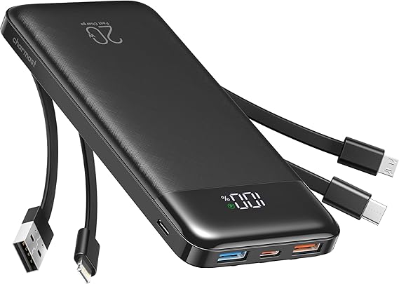 charmast 20000mAh Portable Charger with Built in Cables, 22.5W Travel Power Bank Fast Charging, USB C Cell Phone Battery Pack for iPhone 16/15/14/13/12/11 Series, iPad, Samsung, Android, Tablet
