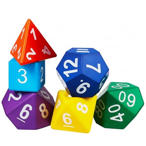 Arrowbash 6 Pcs Jumbo Polyhedra Dice 3.94 Inch Jumbo Foam Polyhedral Dice 6 Set 4, 6, 8, 10, 12 Sides Gifts for Games Teach Numbers Addition Subtraction Probability Learning, Multicolor