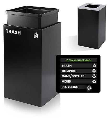 Alpine Commercial Indoor Recycle Bin - 29 Gallon Modern Looking Black Recycle Bin, Office Recycling Bins, Metal Trash and Recycling Container with Stickers & 3 Optional Lids (lid Sold Separately)