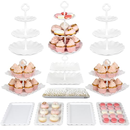 Pack of 11 NWK Cake Stand Set of Cupcake Stand, Tray & Table Cloth (White) | Includes 3 x 2-Tier & 3 x 3-Tier Cupcake Stands, 4 Appetizer Trays, Plus 1 Tablecloth. Ideal for Parties