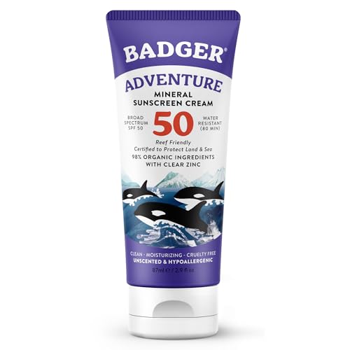 Badger Reef Safe Mineral Sunscreen SPF 50, Zinc Oxide, 2.9 fl oz | 98% Organic, Zinc Oxide, Non-Toxic, Water Resistant, Unscented Hypoallergenic, Adventure sport sunblock, Reef safe sunscreen