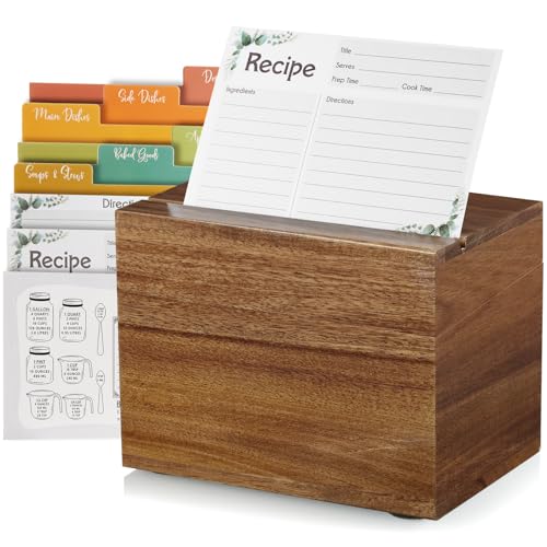 DRASTAR Recipe Card Box, Acacia Recipe Holder 4x6, Recipe Organizer with 50 Cards and 6 Dividers, Index Card Box, Wooden Box for Kitchen Countertop