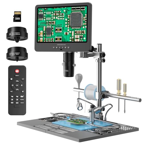 Andonstar AD249S-M Plus 3 Lens 2160P 10.1'' HDMI Digital Microscope 2000x | Soldering Microscope for Electronics Repair, Soldering Station with Helping Hands, Tool Holder, Anti-Static Mat, 32GB Card