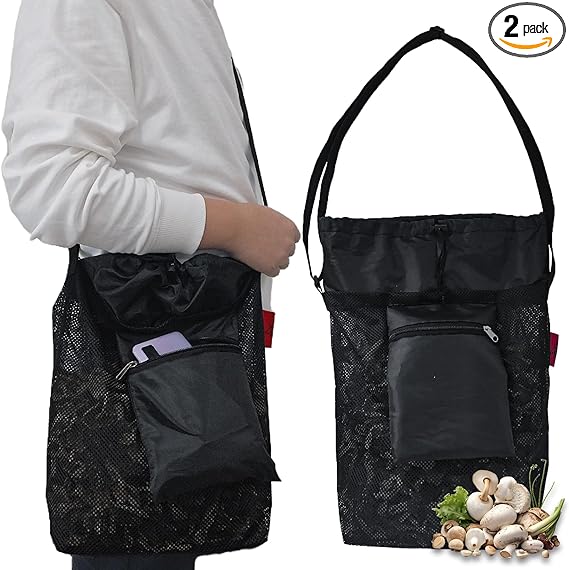 2 Pc Mesh Foraging Bag with Drawstrings & Bottom Support for Mushrooms,Herbs, Wild Plants, Durable Harvesting Morel Picking Bag with Adjustable Shoulder Strap, Outdoor Sacks for Forage Hunters