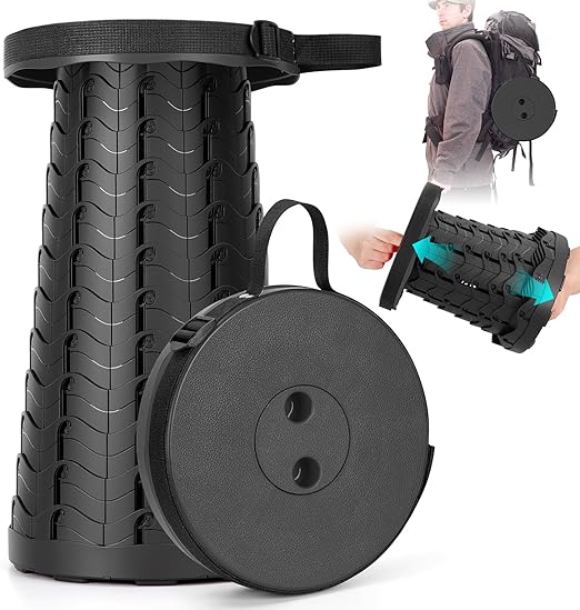 Qiguet Collapsible Stool, Folding Chair - Upgraded Portable Chair with Load Capacity 400lbs, Portable Stool for Camping Fishing Hiking - Folding Tool with Carrying Straps,Gifts for Fisherman (Black)