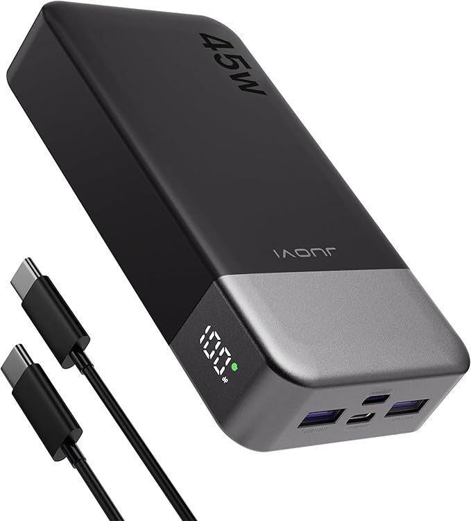 JUOVI J2621 Power Bank Portable Charger 20000mAh 45W, PD3.0 QC 4.0 Fast Charging Battery Pack with LED Display,2 USB-C,2 USB-A for iPhone 15 16, MacBook
