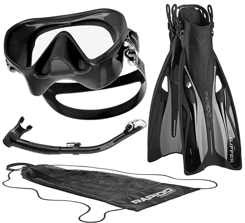 Italian Design Premium Tempered Glass Lens Anti-Fog Panoramic View Frameless Snorkel Mask, Elite Dry Snorkel Tube, Adjustable Fins - Mask Fin Snorkel Set