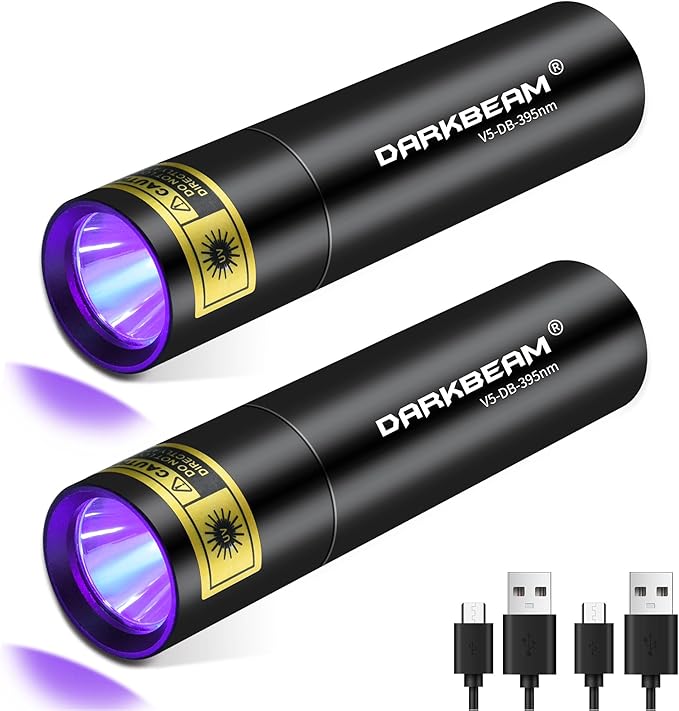 DARKBEAM Flashlight UV Black Light 395 NM, Mini but Powerful USB- C LED Rechargeable Woods Lamp, Ultraviolet Flashlights for Pet Urine, Stains Detection, Resin Curing, Fluorescent Agent, 2 Pack