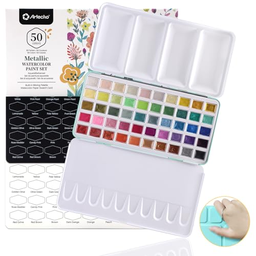 Artecho 50-Color Metallic Watercolor Paint Set with Easy-Hold Ring | 50 Metallic Colors with a Shimmer Finish; Includes Black and White Color Charts; Suitable for Dark and Light Paper
