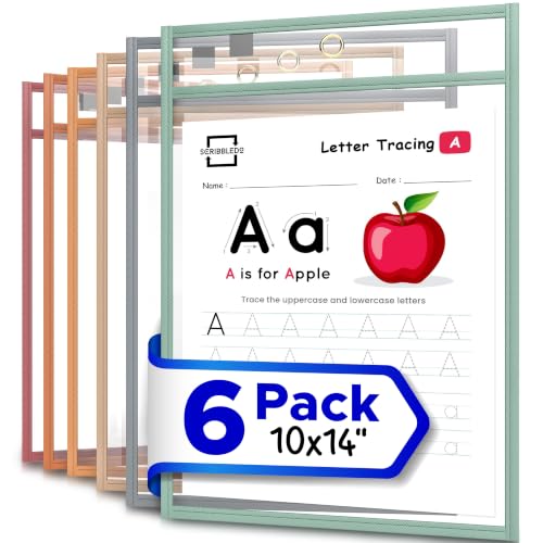 SCRIBBLEDO Dry Erase Pockets 6 Pack Boho Colors Reusable Sleeves 10x14”