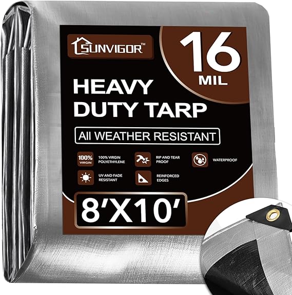 Sunvigor Tarp Waterproof 8x10Ft, Extra Thick 16 Mil Heavy Duty Tarp Cover, Tear & Fade Resistant, Outdoor Tarps with Brass Grommets and Reinforced Edges for Roof, Camping, Patio, Boat (Silver/Black)