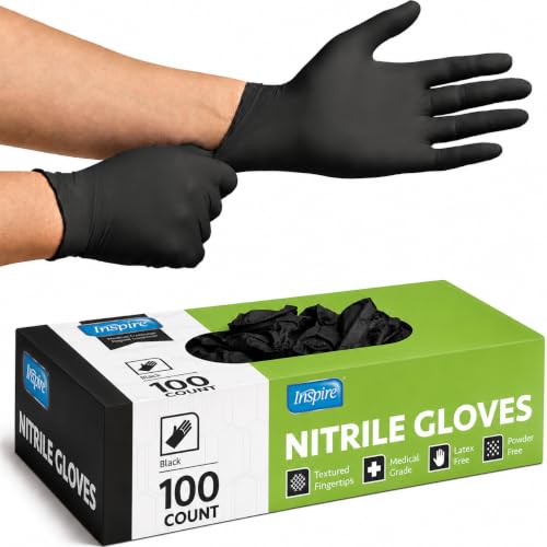 Inspire Black Nitrile Disposable Gloves | 4.5 Nitrile Disposable Safety Medical Cooking Cleaning Gloves (Black - Box Of 100, Medium)