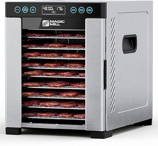 Magic Mill Pro Food Dehydrator Machine | 10 Stainless Steel Trays | Dryer for Jerky, Dog Treats, Herb, Meat, Beef, Fruit | Keep Warm Function, Digital Timer and Temperature Control, ETL Approved