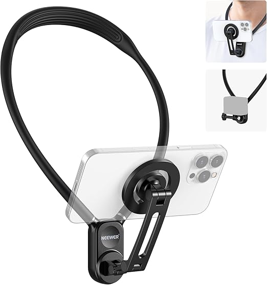 NEEWER Magnetic Neck Holder for Action Camera & Phone, Hands Free Tripod Chest Mount Compatible with GoPro DJI Insta360 Magsafe iPhone Android, Phone Holder for Video Recording POV Vlog, GP16