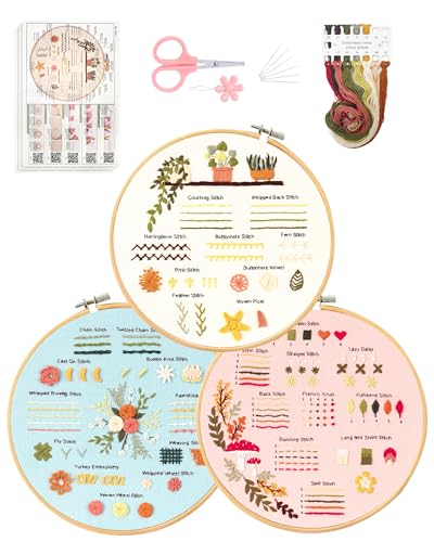 Santune 3 Sets Embroidery Kit for Beginners Adults,Learn Over 30 Different Stitches,DIY Cross Stitch Kits,Including Clear Instructions,Video Tutorials,Stamped Flower Patterns,Hoop,Color Threads,Tools