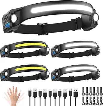 Headlamp Rechargeable 5Pack, 230° Wide Beam Head Lamp with 2 Spotlights, LED Headlamp with Motion Sensor, 5Mode Rechargeable Headlamp, Head Lights for Forehead, Headlamps for Adults Running Hard Hat