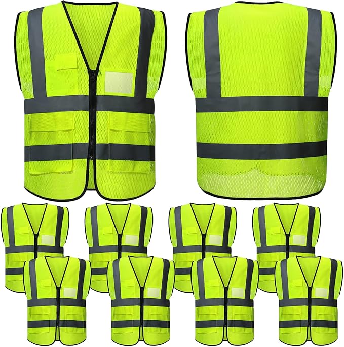 JenPen 10 Pieces Reflective Safety Vests with Pockets and Zipper, High Visibility Mesh Construction Vest for Men Women