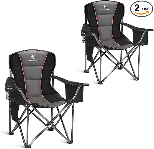 ALPHA CAMP Heavy Duty Camping Chair 500LBS Capacity, Oversized Folding Chair for Heavy People, Padded Portable Outdoor Chair with Cooler Bag & Cup Holder for Camping, Fishing, Beach