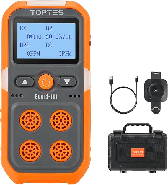 TopTes Guard-101 Gas Detector, 4 Gas Monitor for H2S, CO, LEL and O2, with Vibration, Visual and Audible Alarms, 14h Long Battery Life, Safety Explosion-Proof, for Work, Home - Orange