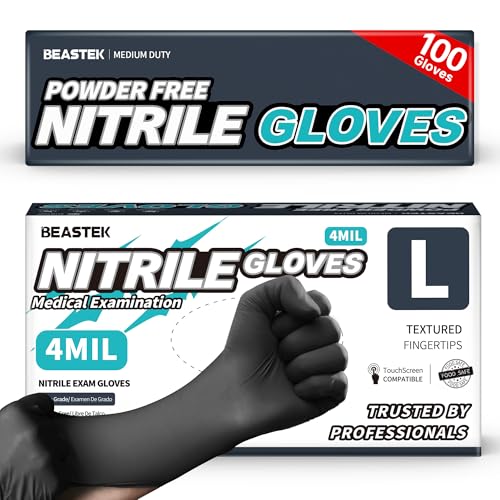 BEASTEK Black Nitrile Exam Gloves, 4Mil Powder-Free Food Prep Disposable L | Soft+ • Powder-Free & Latex-Free • Medical • Examination • Cooking • Cleaning • Food Prep • Tattoo • Black • 100 Ct • Large