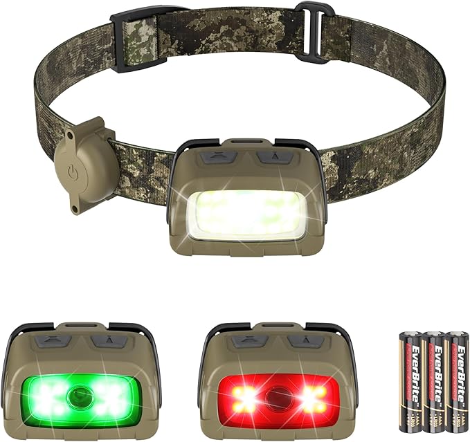 EverBrite Headlamp, 300 Lumens Head Lamp for Adults, 7 Modes with White/Red/Green Light, 30°Adjustable LED Headlight for Camping, Running, Hunting, 3 AAA Batteries Included