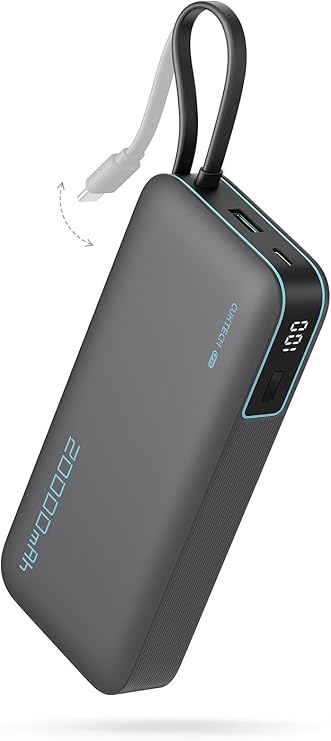 CUKTECH 45W Power Bank 20000mAh, Portable Travel Charger Built-in USB C Cable, Fast Charging Battery Pack for iPhone 16/15/14/13, iPad, Samsung Galaxy, Google Pixel, Android and More (Gray)