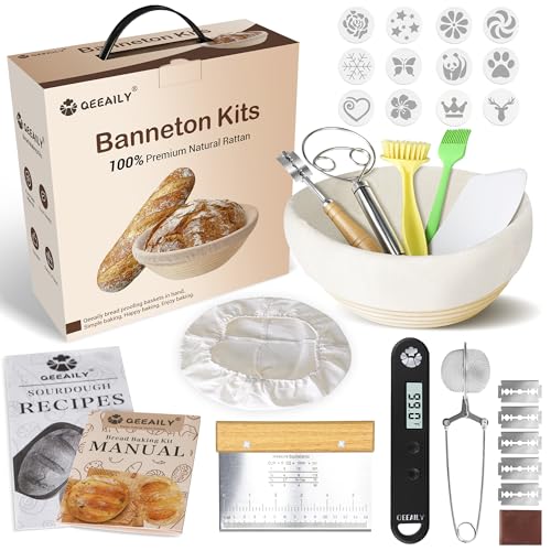 Qeeaily banneton bread proofing basket Kit with food thermometer, 9 Inch Round Natural Rattan sourdough banneton basket, sourdough bread baking supplies with bread scoring tool & banneton basket gift