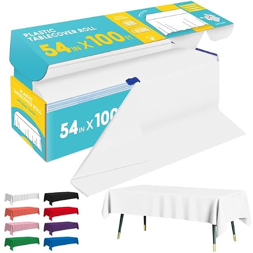 Niuara White Plastic Table Cover Roll - 54IN x 100FT, Table Cloth for Rectangle Table with Slide Cutter, Plastic Table Cloth Disposable with Cut-to-Size Design for Weddings, Banquets, Parties