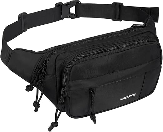 WATERFLY Fanny Pack Waist Packs: Large Crossbody Fanny Packs for Women Men with 5 Zipper Pockets Adjustable Strap Waist Bags Hip Pack for Traveling Cycling Running Hiking-Black