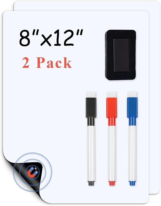 Magnetic Fridge White Board Paper, 8" x 12" 2 Pack Small Dry Erase Board Sheet for Organizer and Planner, Kitchen Refrigerator Whiteboard for Family to-do List, Includes Markers and Eraser