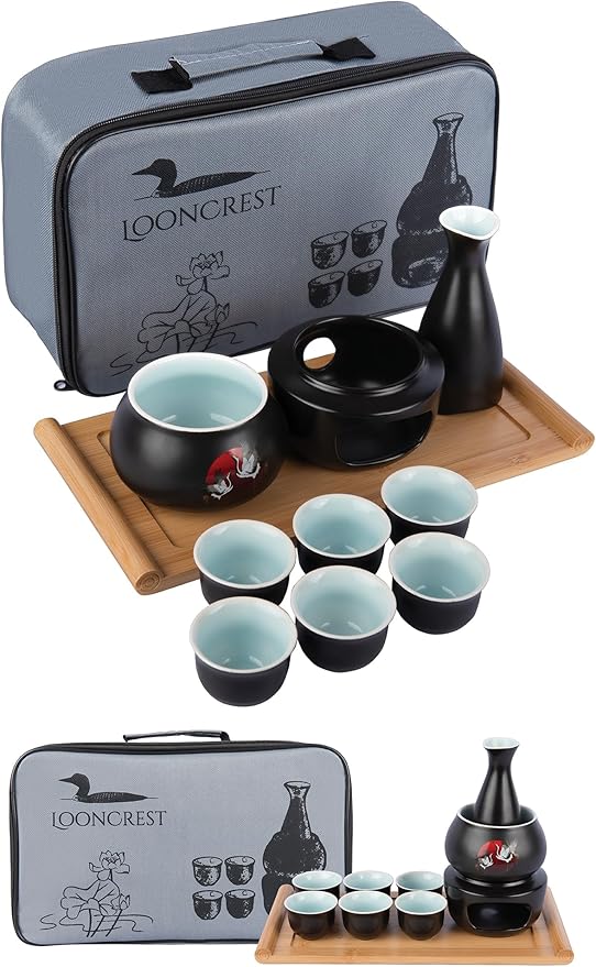 Japanese Sake Cup Set with 6 Ceramic Cups, 1 Ceramic Sake Bottle, 1 Ceramic Sake Warmer, Bamboo Tray, and Cloth Carrying Case - Perfect Hot Sake Set for Authentic Japanese Experience