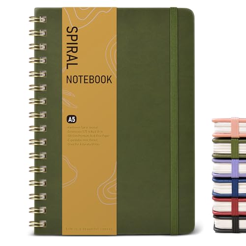 Dotted Spiral Journal Notebook, A5 Hardcover Spiral Journals for Women Men, 100 GSM Dot Grid Paper Notebooks, 150 Pages Spiral Bullet Dotted Notebook for Writing Note Taking 5.75" x 8.38" Olive Green