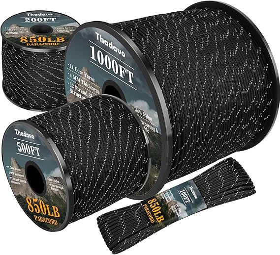 Reflective Paracord Rope 850Ib, 50/100/200/500/1000ft 4MM 11 Strand para Cords Lanyard Utility Parachute Cord for Tent Camping Hiking Tactical Clothesline Survival DIY Projects, Black 500FT