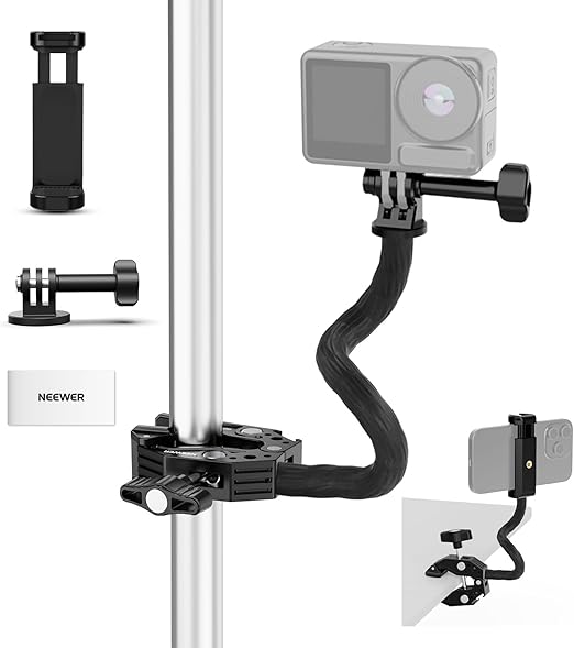 Neewer Action Camera Mount Kit with Super Clamp, Soft Tube, Adapter, Phone Holder for Flat/Round Surfaces, Compatible with GoPro, Insta360, DJI Action Camera, Smartphone