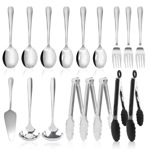 17PCS Serving Spoons and Utensils Set, Stainless Steel Serveware Silver