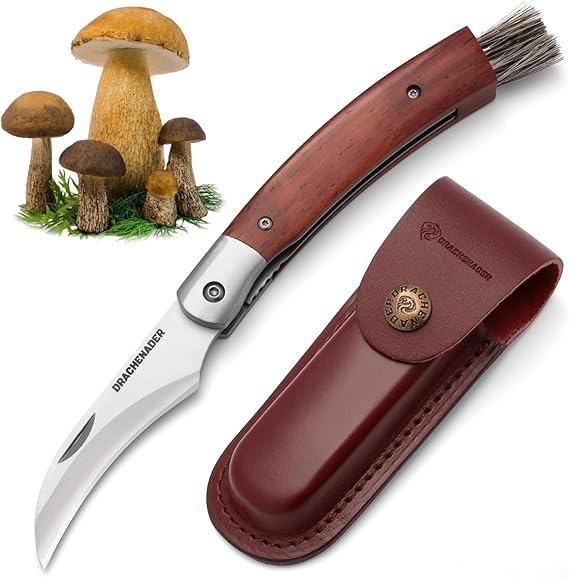 DRACHENADER Mushroom Knife N-1, 8.15" Folding Mushroom Knife with Brush, Leather Sheath, 5Cr14MoV Stainless Steel Blade, secure Liner-Lock Design for Foraging and Harvesting