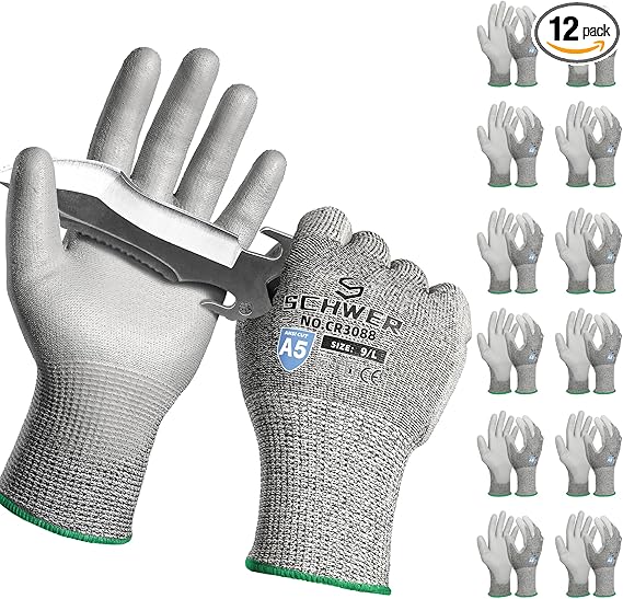 Schwer 12 Pairs ANSI A5 Cut Resistant Work Gloves, Cut Proof Gloves with PU Coating, Used for Metal Fabrication, WoodWorking, Construction, Non Slip, Durable, L, CR3088