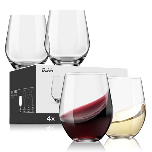 OJA Wine Glasses Set, Crystal Stemless Red Wine Glass, Set of 4, 15 oz | No Stem, Clear, Sturdy Drinking Glass for White Wine, Daily Use, Birthday, Wedding, Home Party, Anniversary, Shower Gift