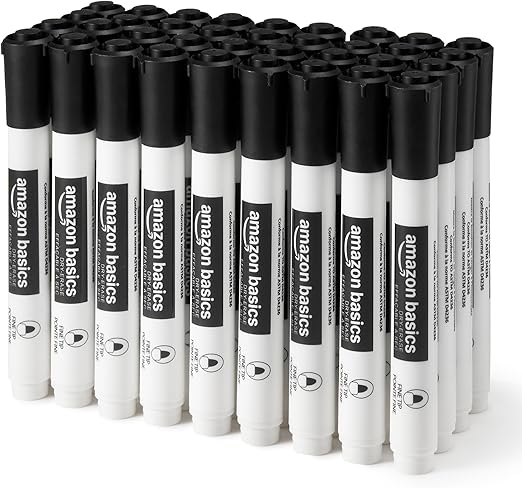 Amazon Basics Low-Odor Dry Erase Whiteboard Markers, Fine Tip, Quick-Dry, Black, 36-Pack